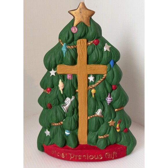 Vintage Ceramic Christmas Tree Cross Most Precious Gift 8.5” Hand Painted Jesus - Picture 2 of 12
